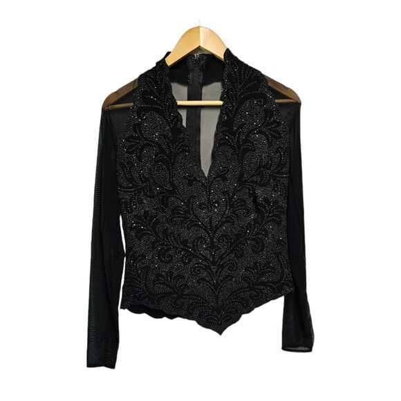 Vintage LILLIE‎ RUBIN Beaded Blouse V Neck Mesh Long Sleeve Corset Top LARGE - Picture 1 of 7